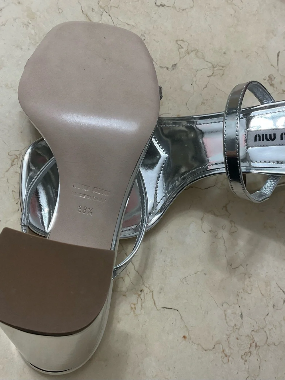 Miu Miu Metallic Silver Two-Strap Block Heel Sandals